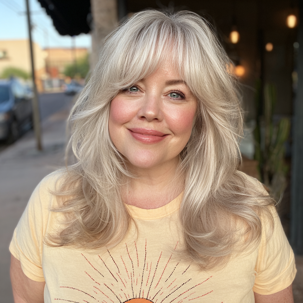 Softly Layered Blonde Cut with Flattering Face-Framing Bangs