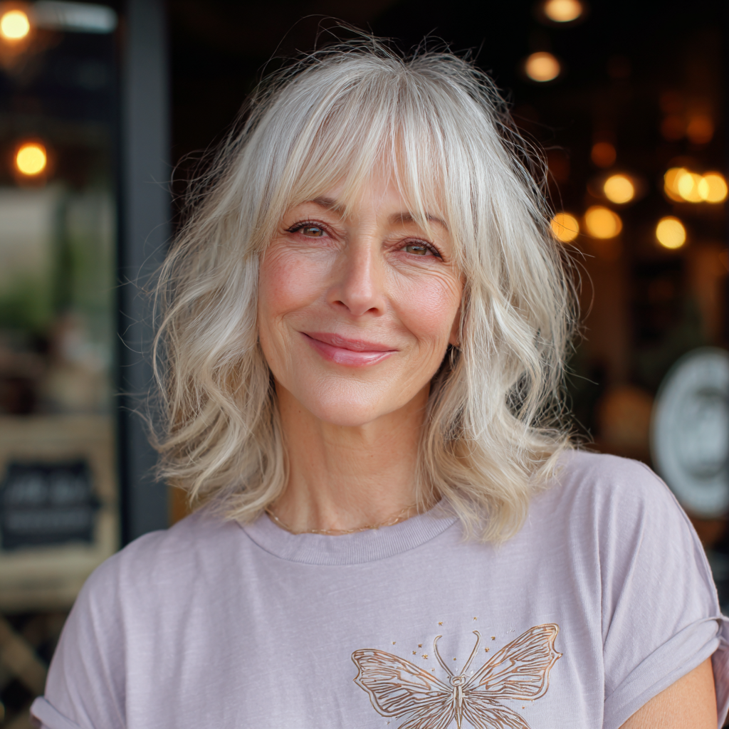 Softly Textured Shoulder-Length Cut with Whimsical Bangs