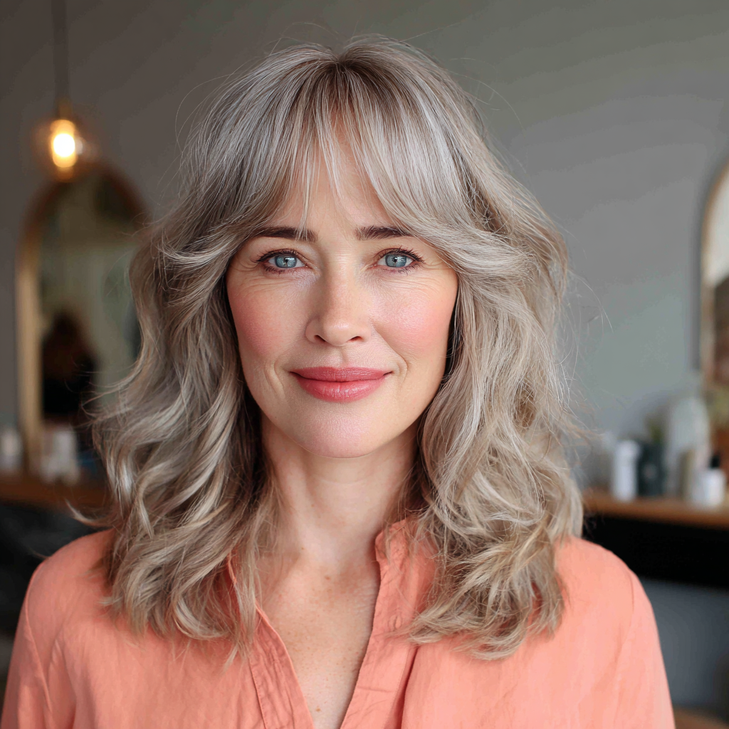 Stylish Grey Hair with Soft Curtain Bangs and Loose Waves