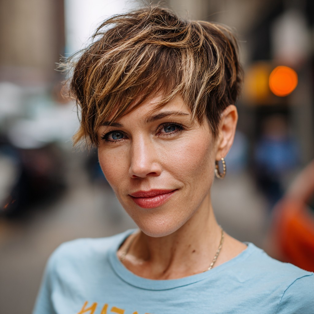 Textured Layered Pixie with Light Brown Highlights
