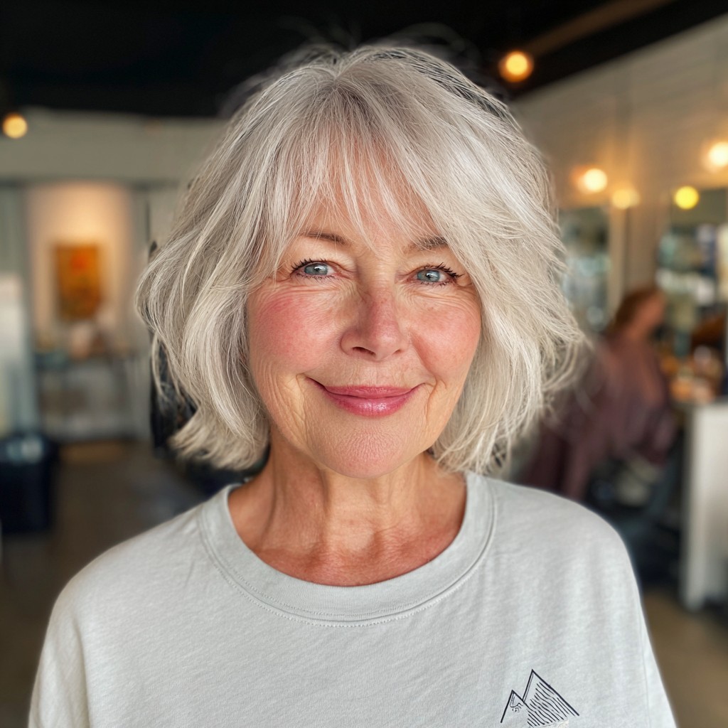 Chic Textured Silver Bob with Subtle Face-Framing Layers