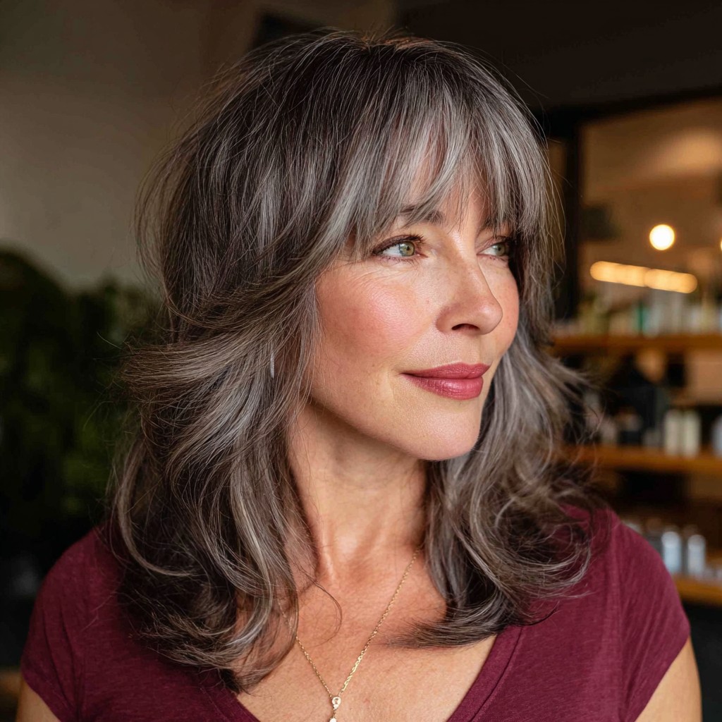 Elegant Softly Layered Gray Hair with Face-Framing Bangs