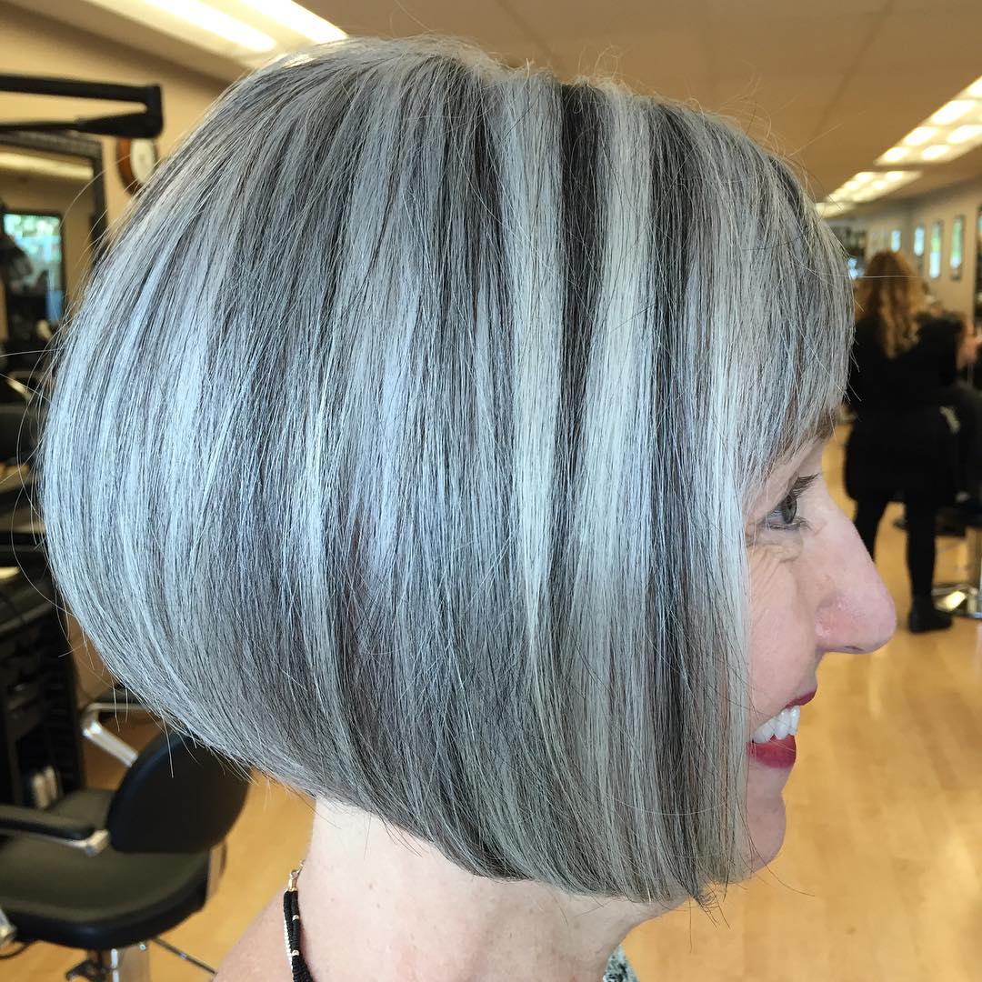 Modern Silver Stacked Bob with Highlights