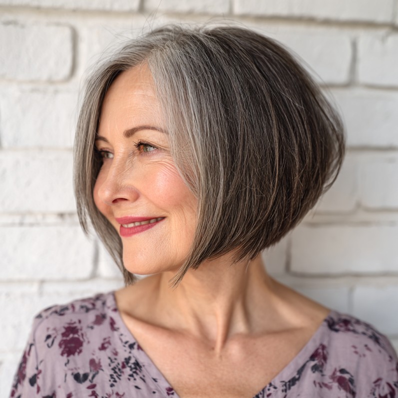 Sleek Angular Bob with Subtle Gray Highlights