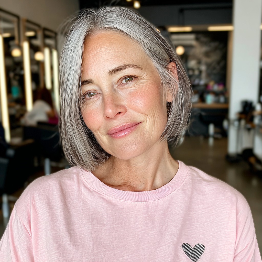 Sleek Asymmetrical Silver Bob with Subtle Shine