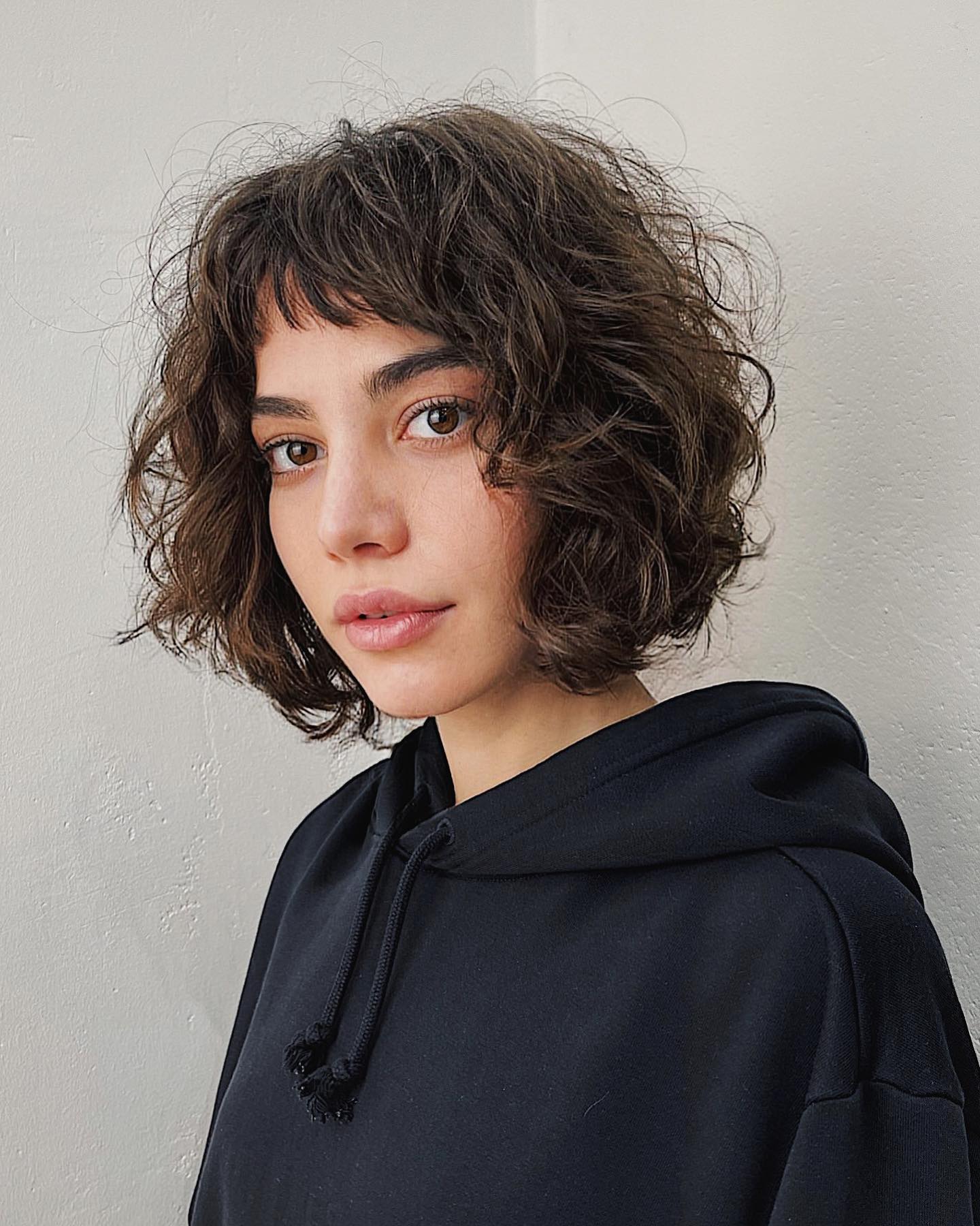 Textured Curly Bob with Wispy Bangs
