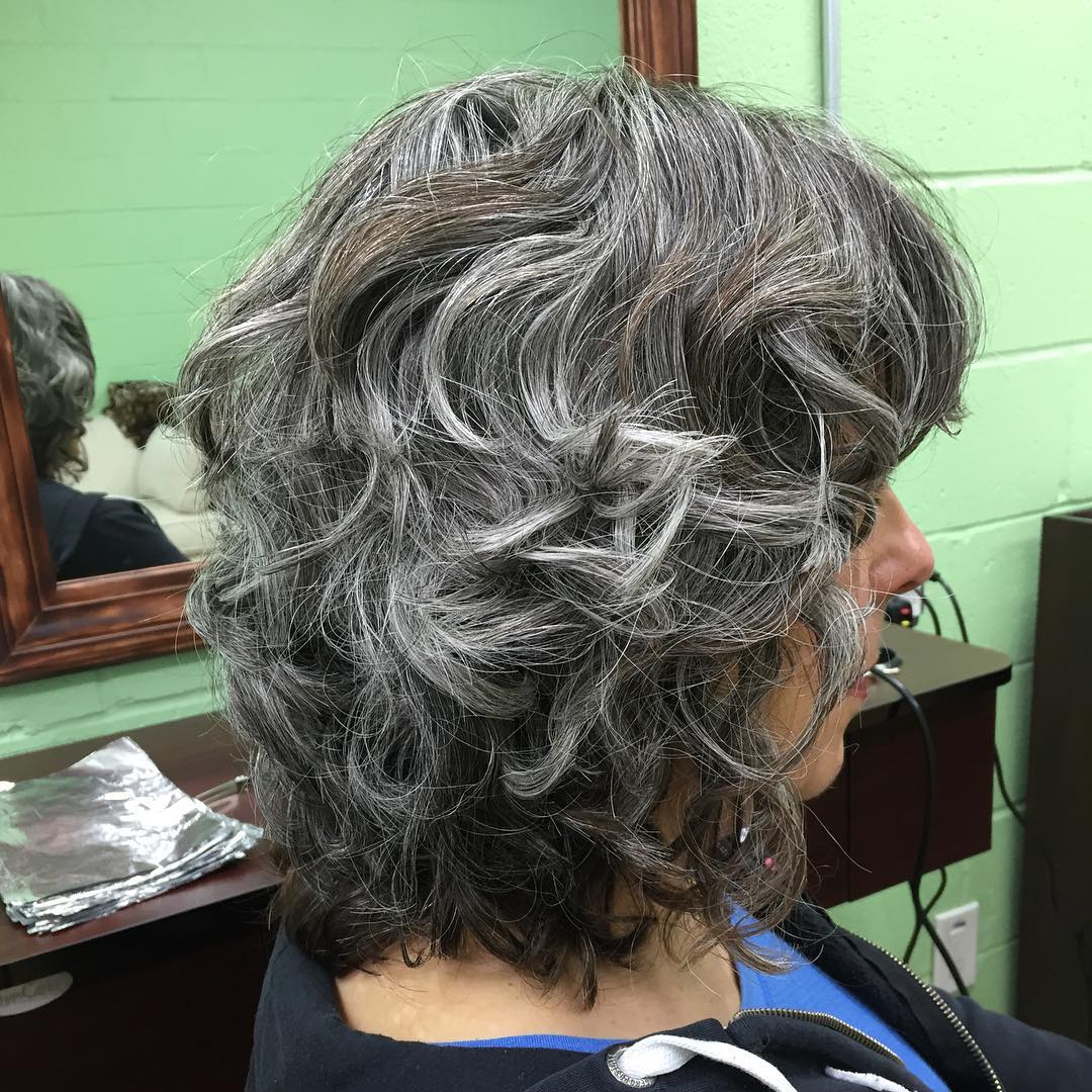 Textured Silver Curly Lob with Subtle Highlights