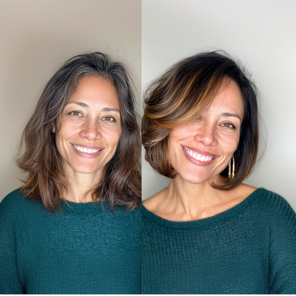 Chic Asymmetrical Lob with Warm Caramel Highlights