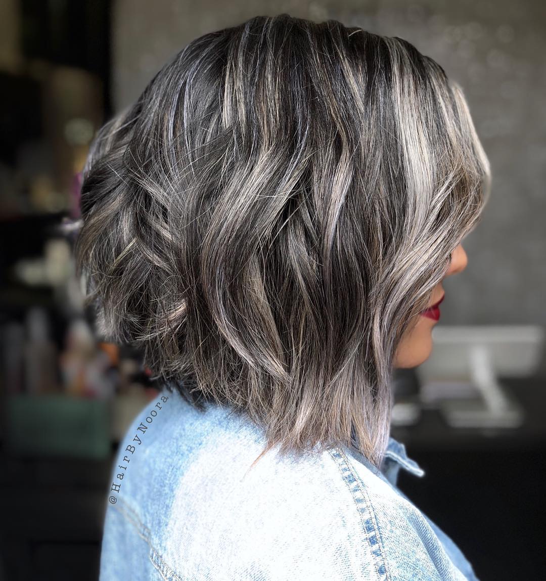 Chic Textured Lob with Silver Highlights