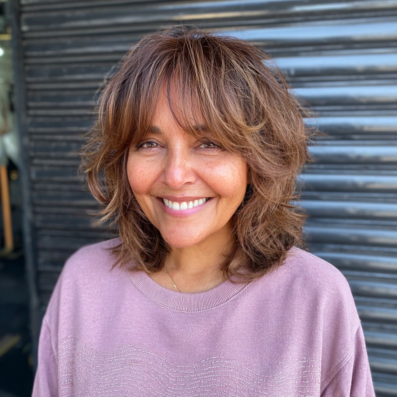 Effortless Choppy Layers with Soft Bangs for Round Faces