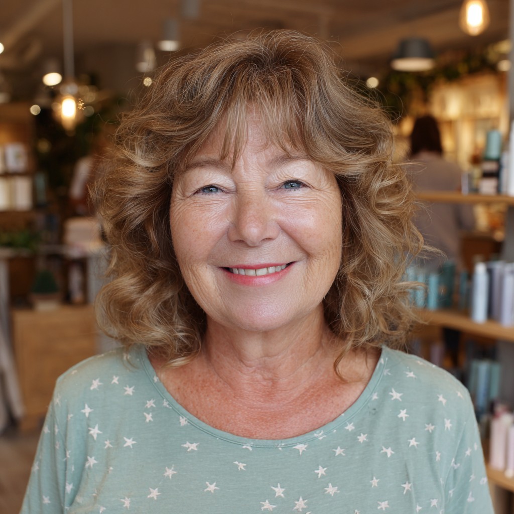 Softly Curled Shoulder-Length Cut with Light Brown Highlights