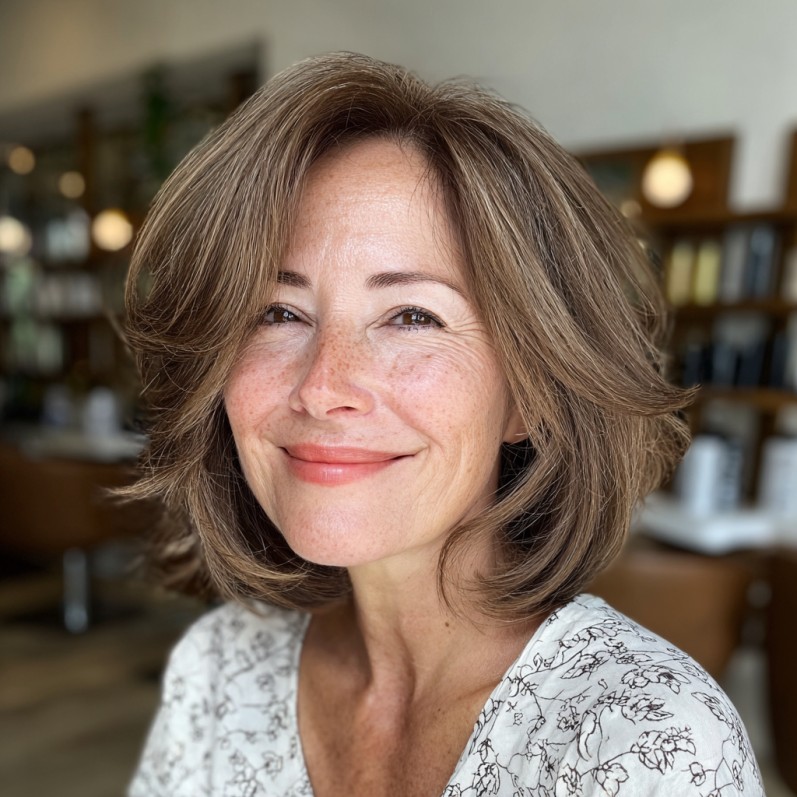 Softly Layered Cut with Warm Light Brown Highlights