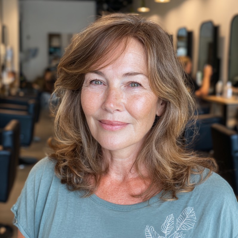 Softly Layered Medium Cut with Subtle Light Brown Highlights