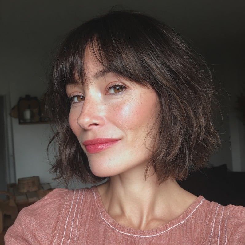 Textured Chocolate Choppy Bob with Soft Bangs