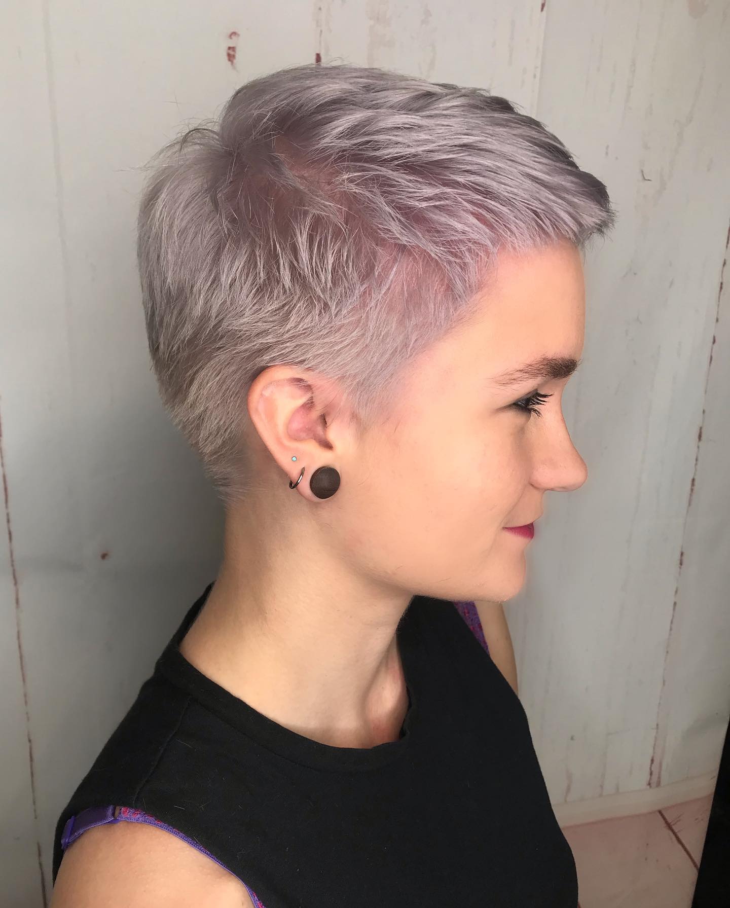 textured pixie cut with soft lavender tones