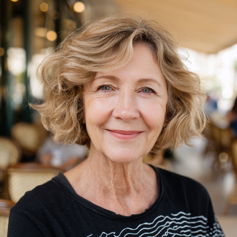Textured Shoulder-Length Curls with Light Brown Highlights
