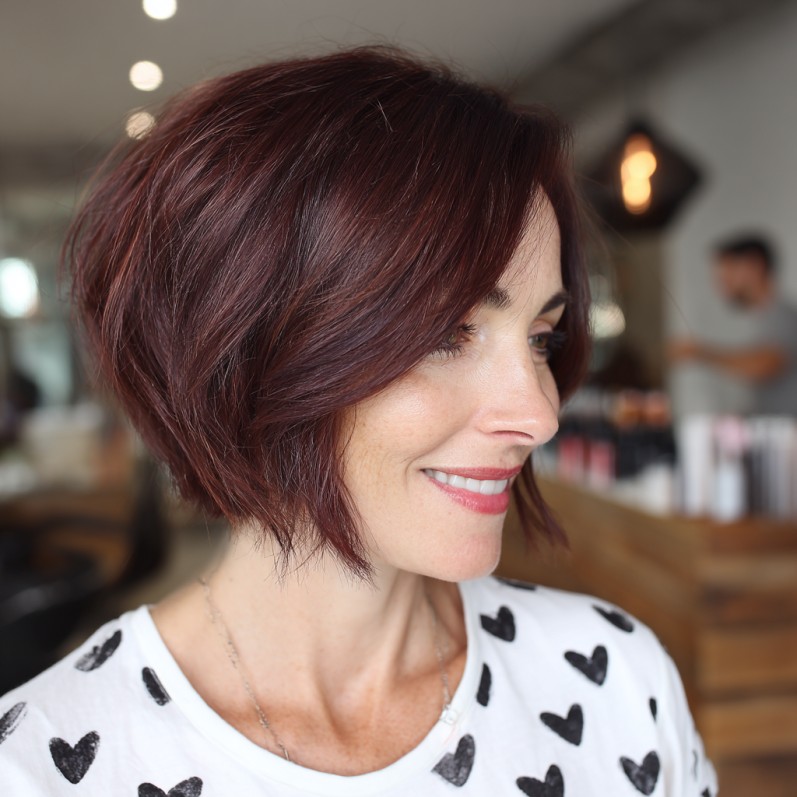 Bold Burgundy Stacked Bob with Textured Layers