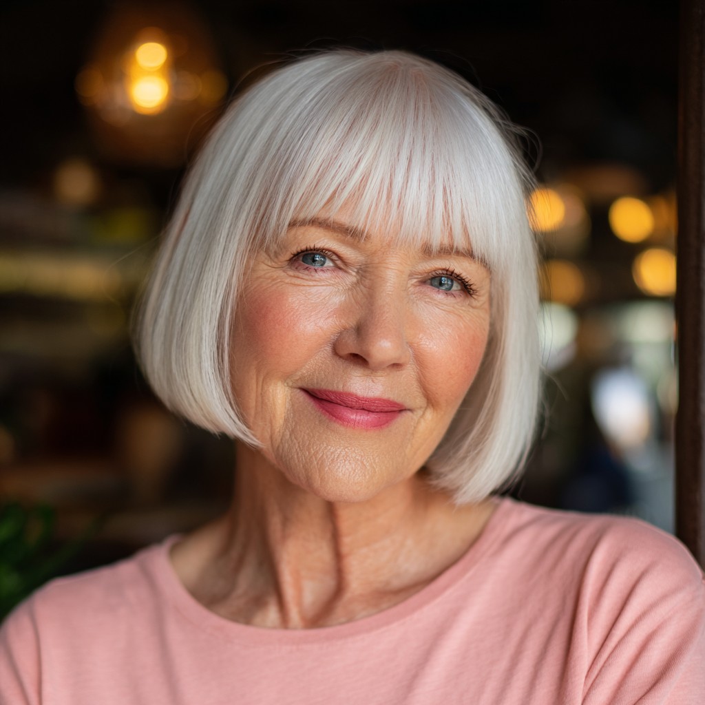 Charming Silvery Jaw-Length Bob with Soft Blunt Bangs