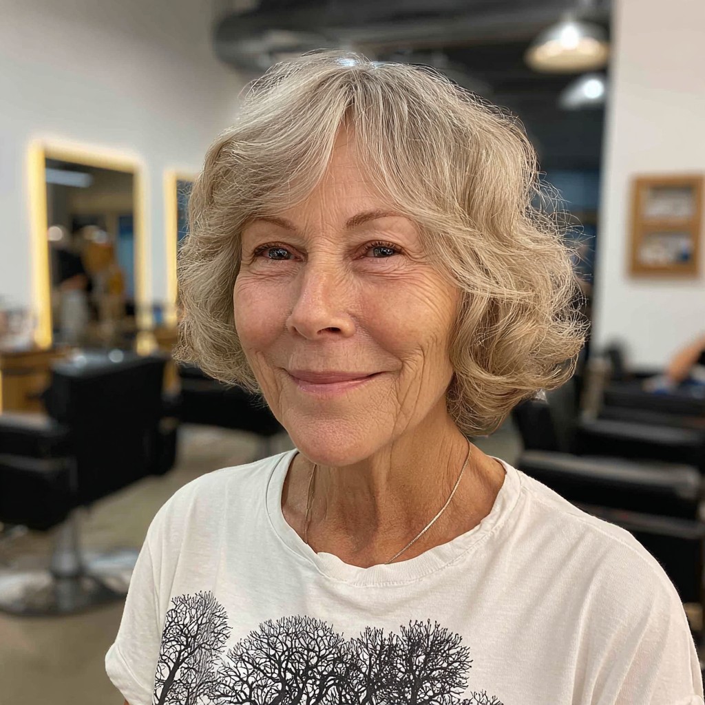 Charming Softly Curled Jaw-Length Bob with Curtain Bangs