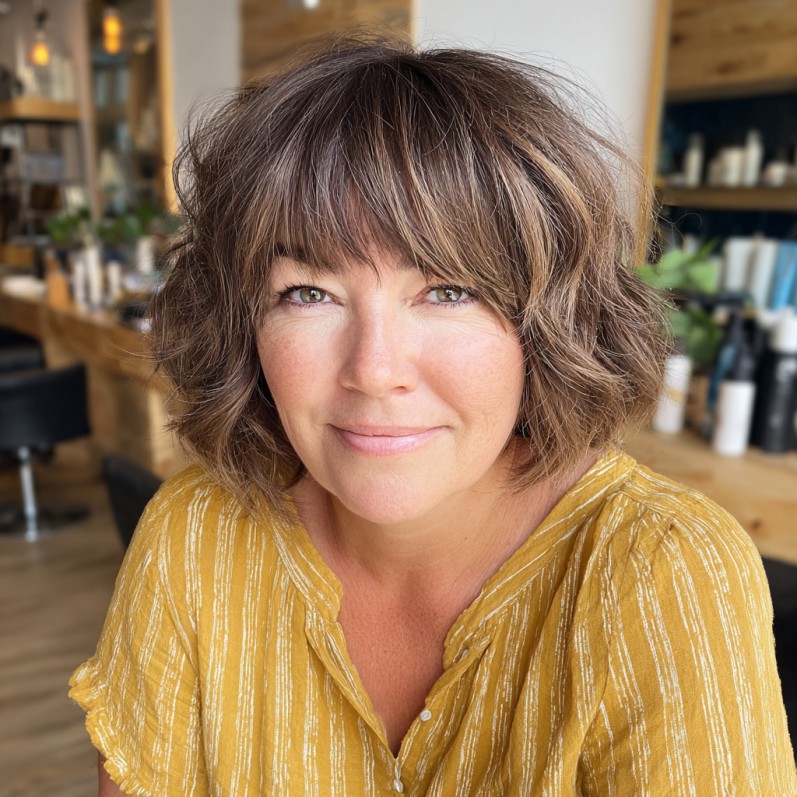 Chic Choppy Bob with Soft Curls and Bangs