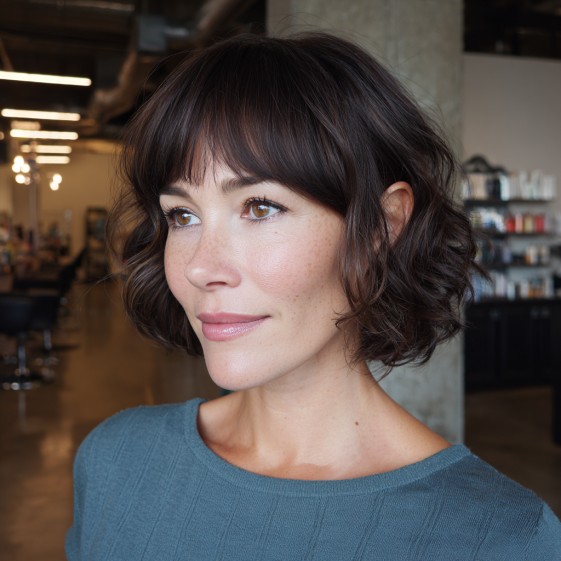 Chic Curly Bob with Soft Bangs