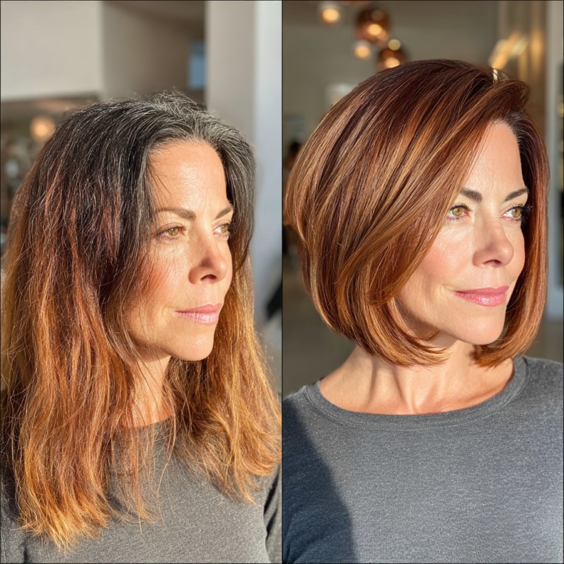chic layered asymmetrical bob with warm highlights