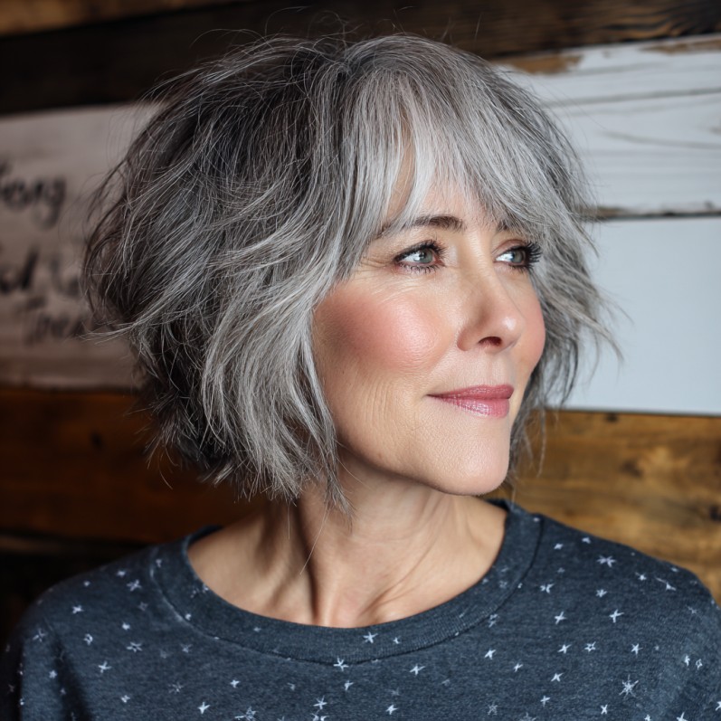 Chic Layered Silver Bob with Textured Ends