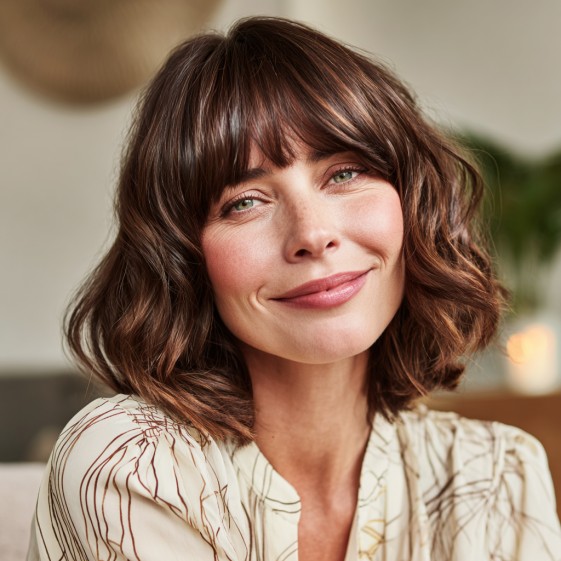 Chic Textured Bob with Soft Curly Ends and Blunt Bangs