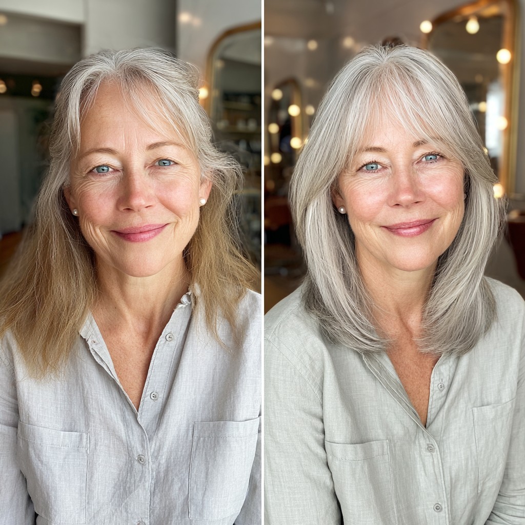 Elegant Long Layered Silver Haircut with Soft Face-Framing Layers