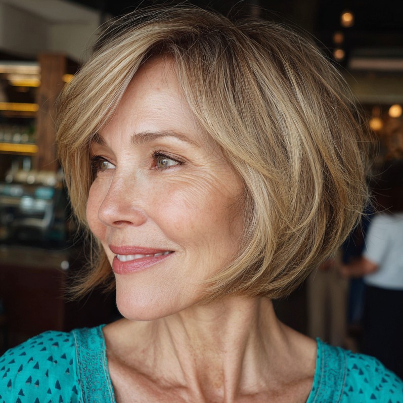Elegant Softly Layered Stacked Bob with Side-Swept Bangs