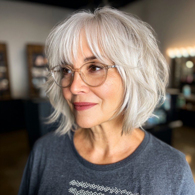 Modern Textured Silver Stacked Bob with Side-Swept Bangs