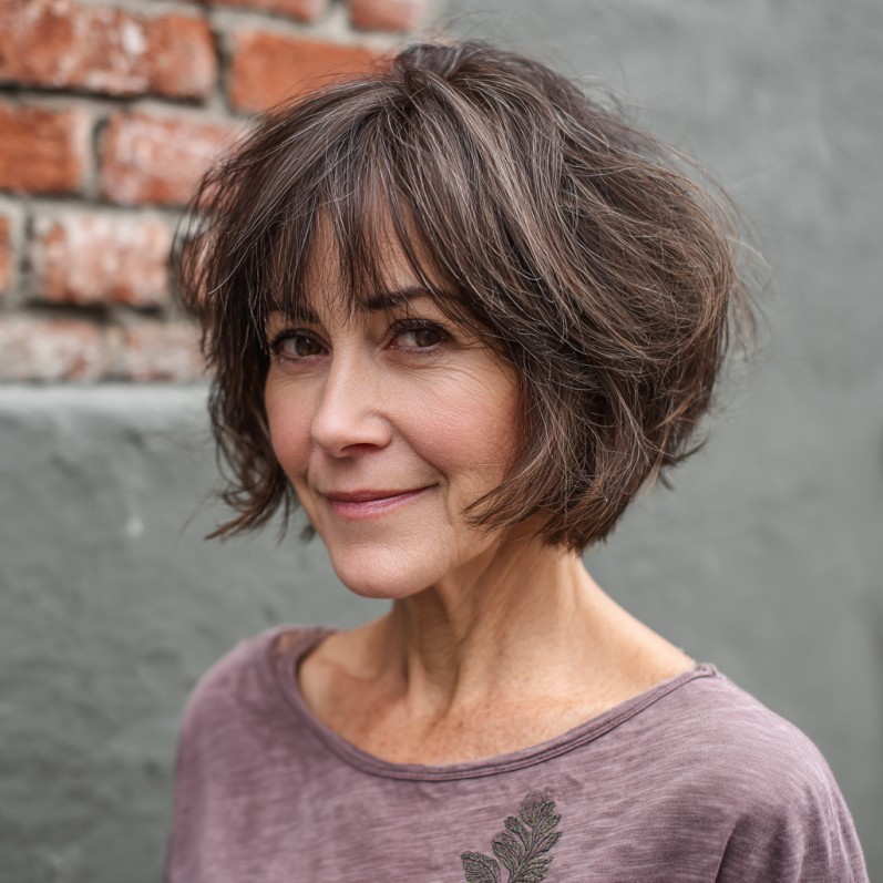 Modern Textured Stacked Bob with Side-Swept Bangs