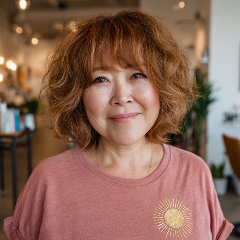 Textured Curly Bob with Soft Bangs
