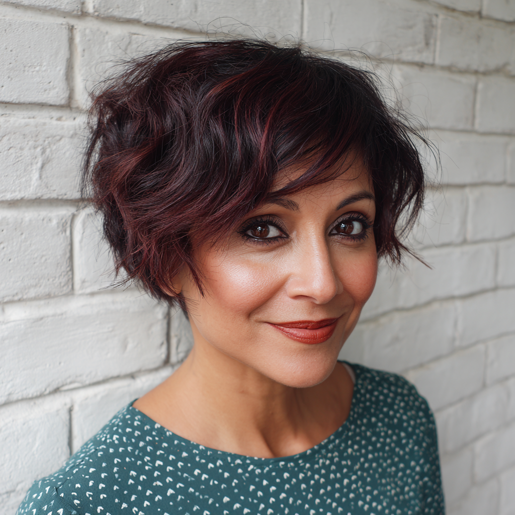 Textured Deep Burgundy Pixie with Soft Waves
