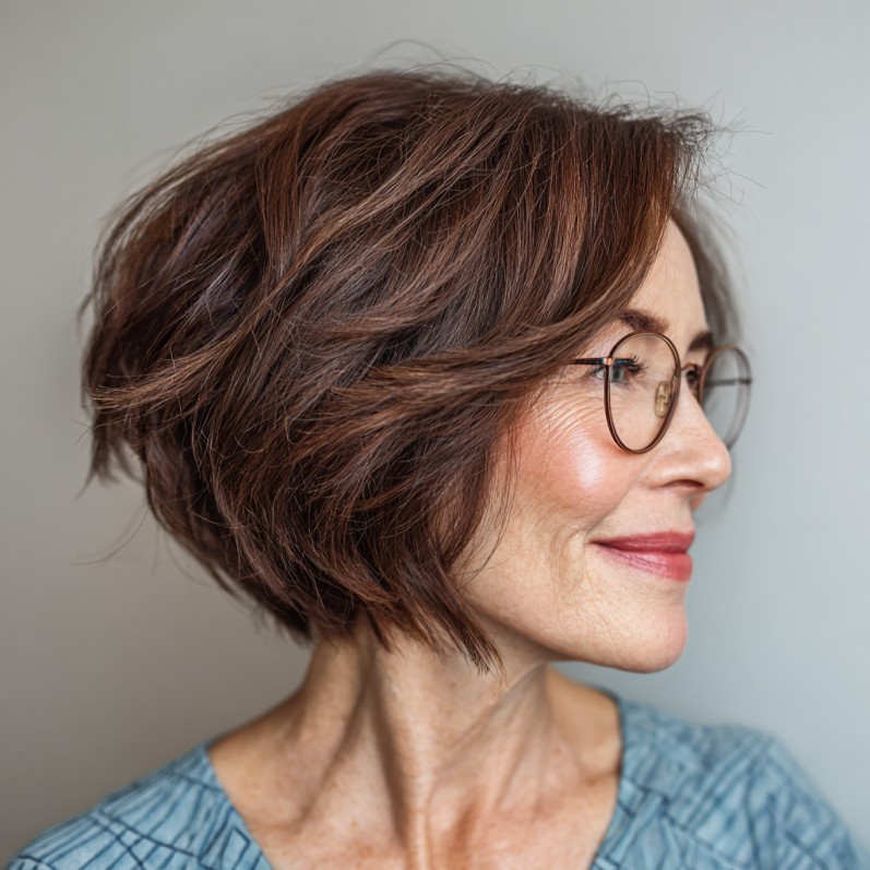 Textured Mahogany Stacked Bob with Playful Layers