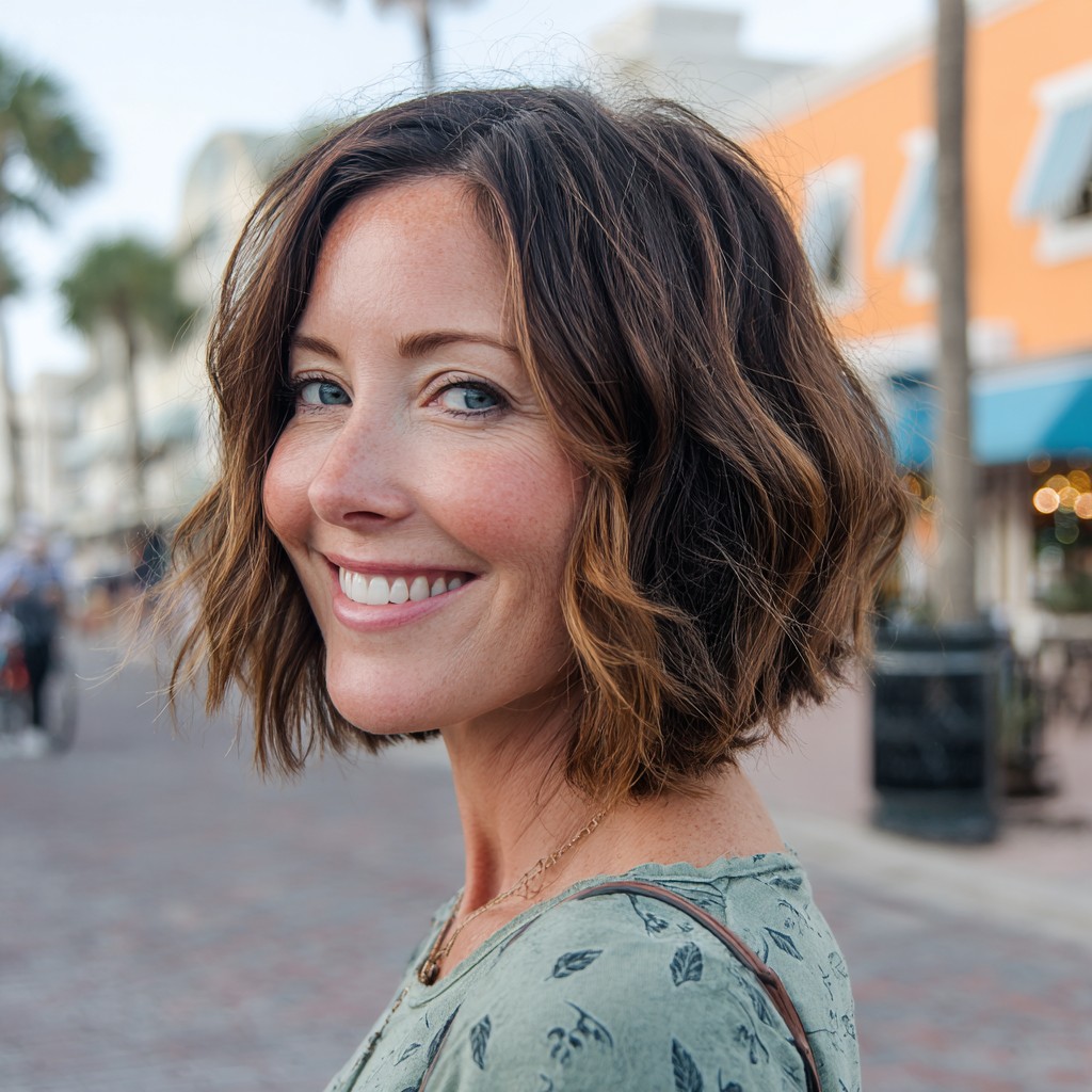 Textured Mid-Length Wavy Bob with Subtle Highlights