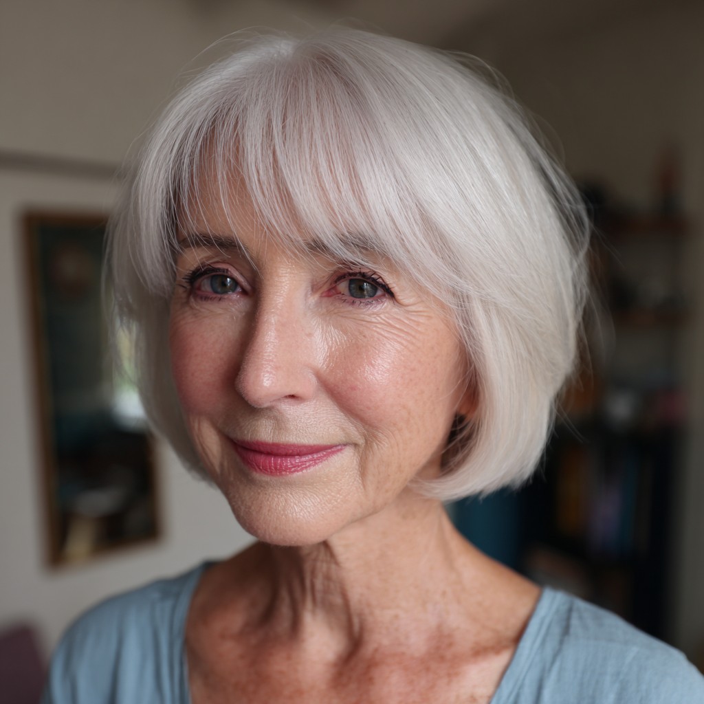 Modern Textured Silver Bob with Soft Bangs