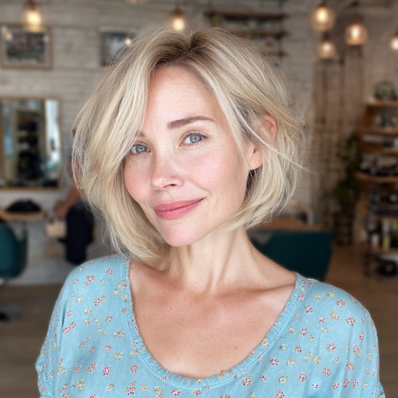 Bright Textured Asymmetrical Bob with Subtle Volume