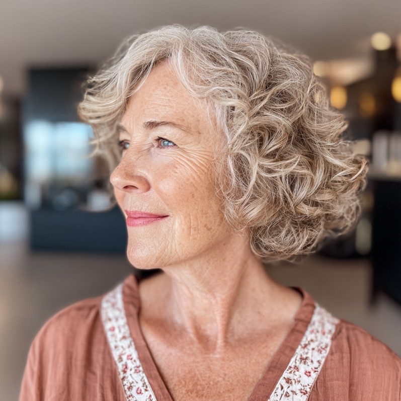 Charming Curly Silver Bob with Soft Volume