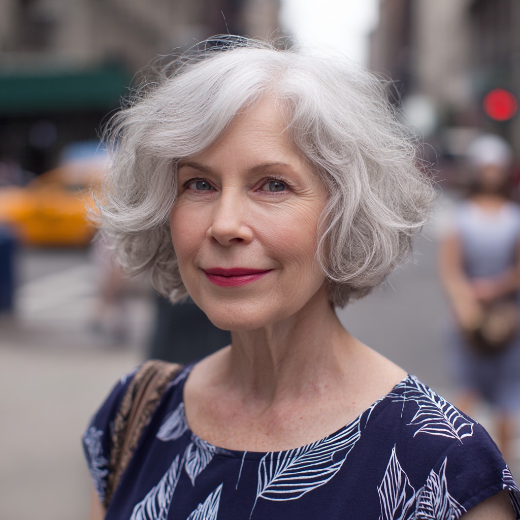 Charming Softly Curled Gray Bob with Subtle Layers