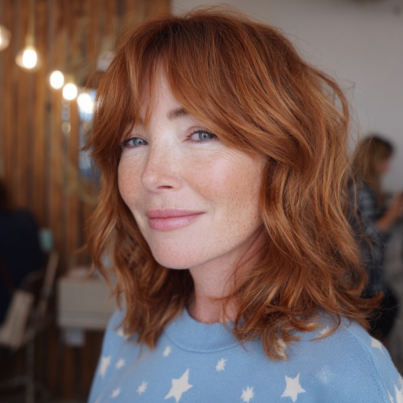 Charming Tousled Lob with Long Bangs