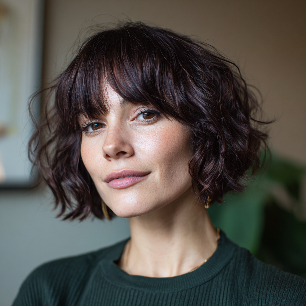 Chic Curly Bob with Soft Bangs