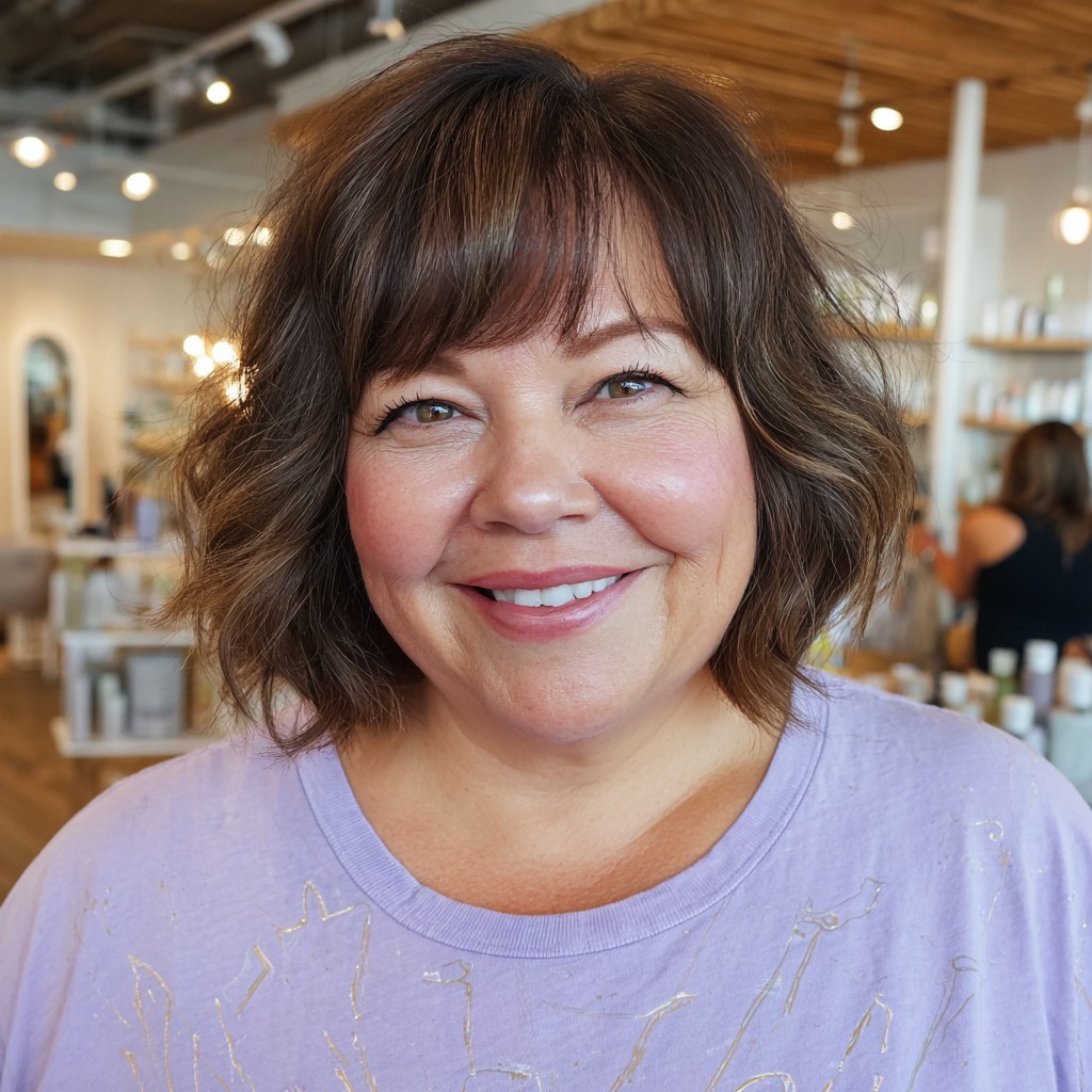 chic layered curly bob with soft bangs