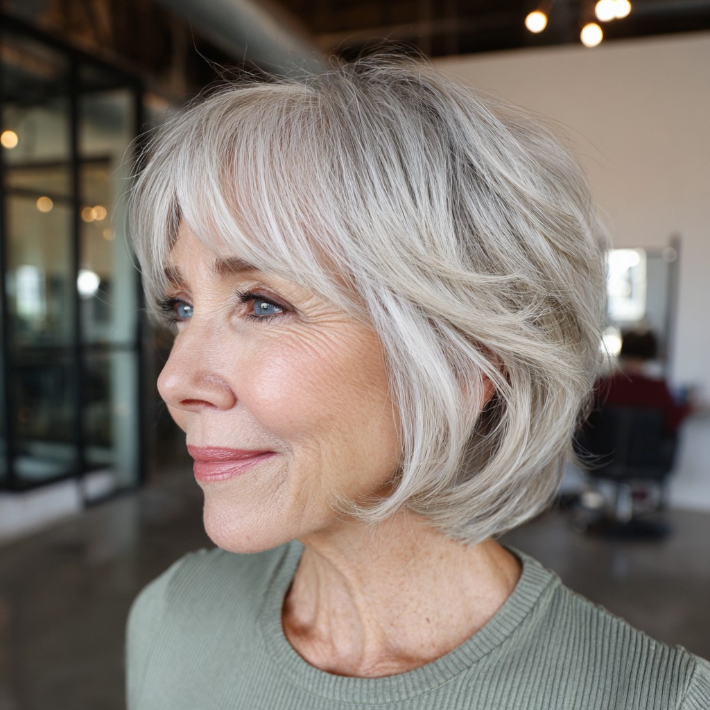 Chic Layered Silver Bob with Face-Framing Bangs