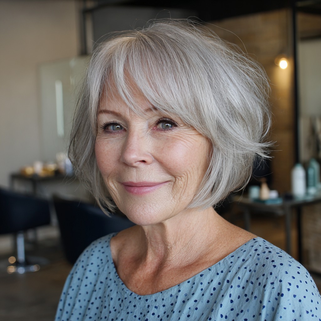 Chic Textured Gray Bob with Soft Bangs