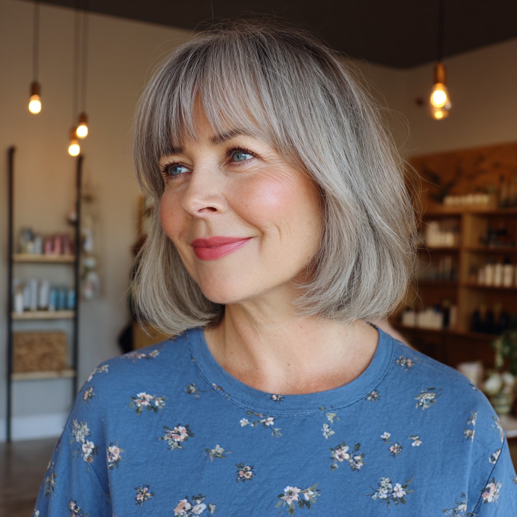 Chic Textured Grey Bob with Soft Fringed Bangs