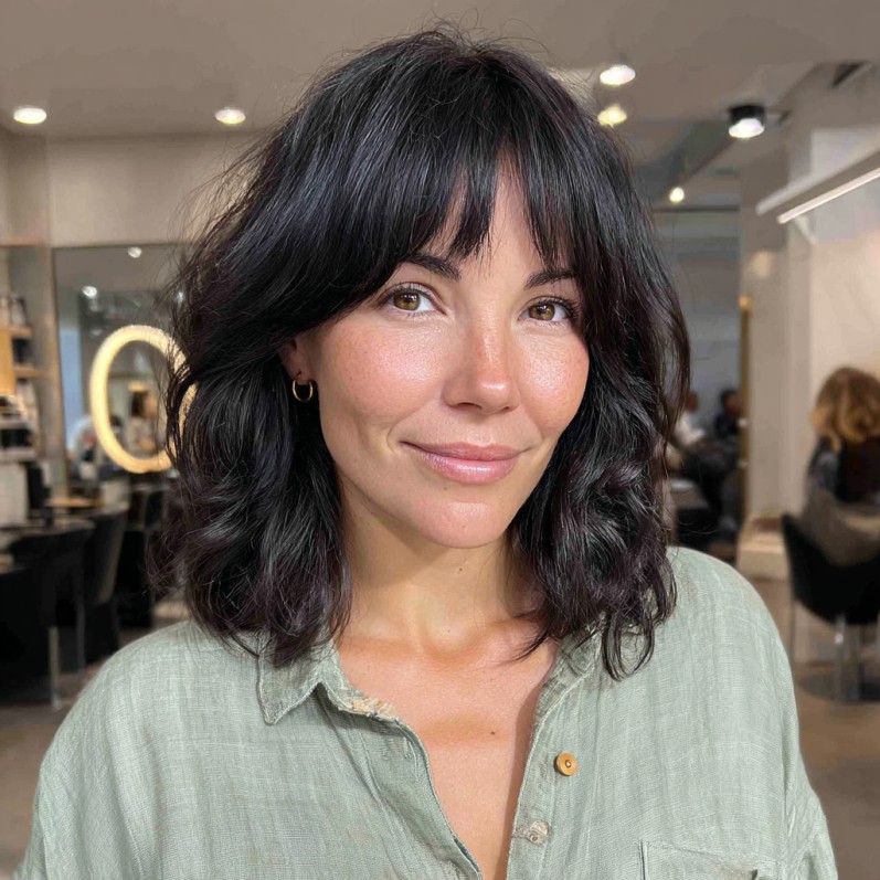 Chic Textured Lob with Playful Long Bangs