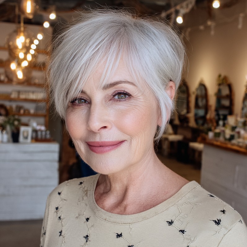 Chic Textured Silver Pixie with Soft Bangs