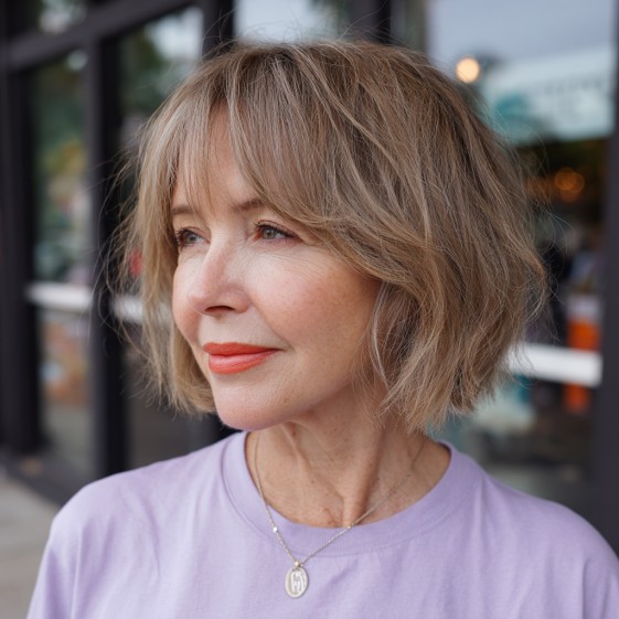 Effortlessly Tousled Layered Bob with Soft Front Fringes