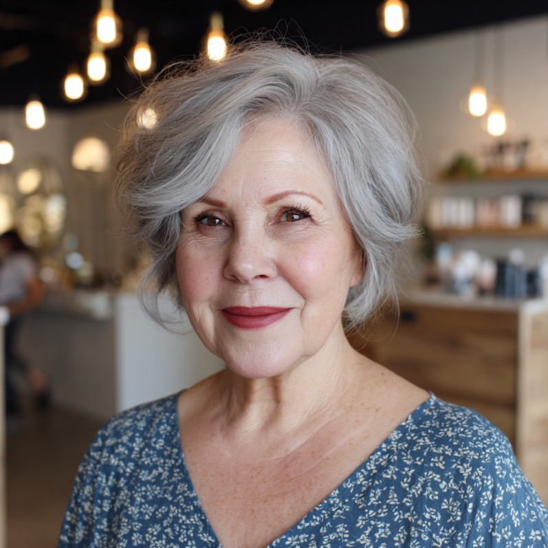 Elegant Softly Curled Silver Bob with Natural Volume